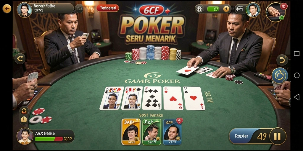 Tangkapan layar menunjukkan pemain poker bersaing di 6CF dengan suasana seru.