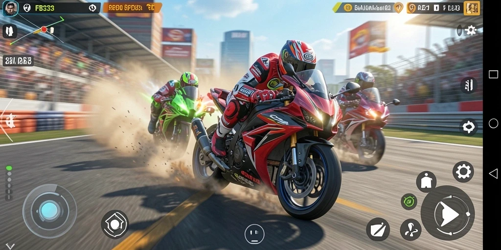 Gambar menampilkan aksi balapan sepeda motor yang mendebarkan.