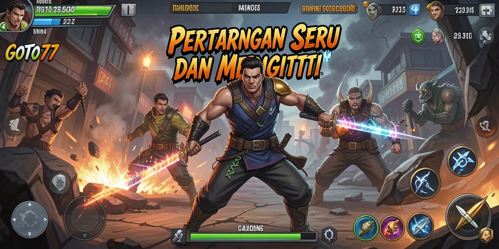 Tangkapan layar utama GOTO77 menampilkan aksi pertarungan yang mendebarkan.