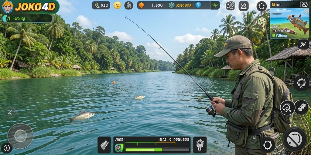 Screenshot utama JOKO4D yang menampilkan gameplay memancing yang seru.