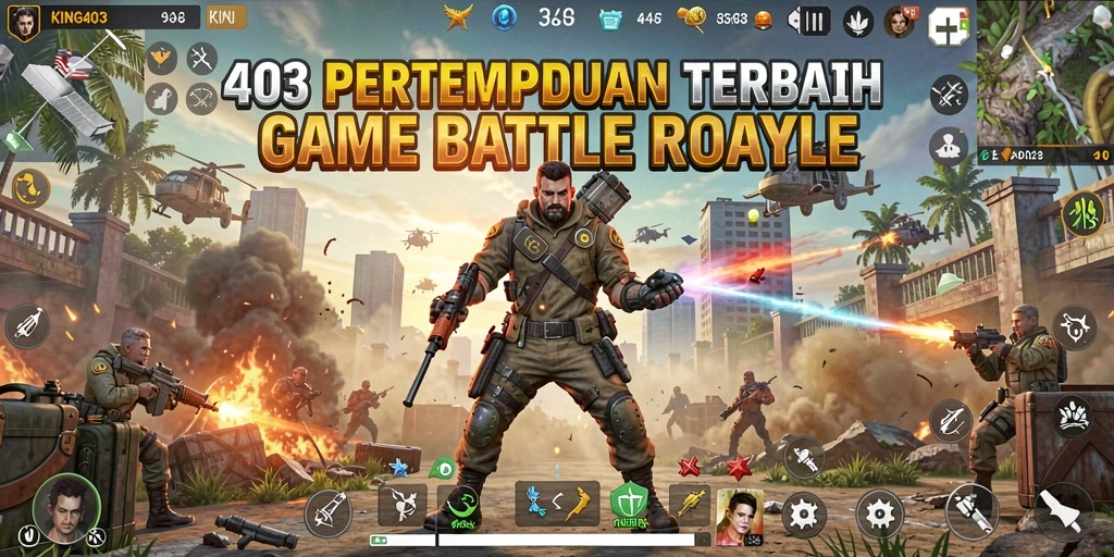 Screenshot gameplay KING403 menunjukkan pertempuran seru di arena Battle Royale.