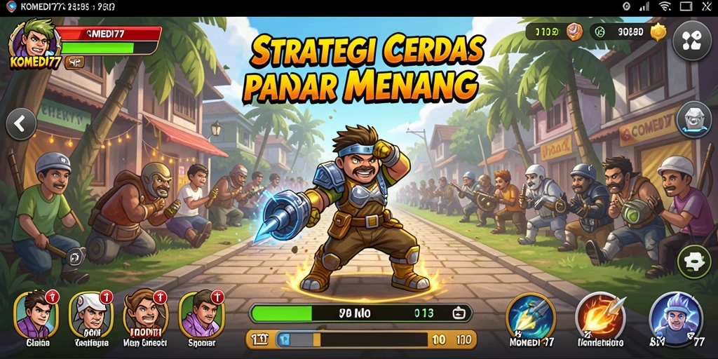 Tampilan gameplay KOMEDI77 dengan strategi mendebarkan dan karakter humoris.