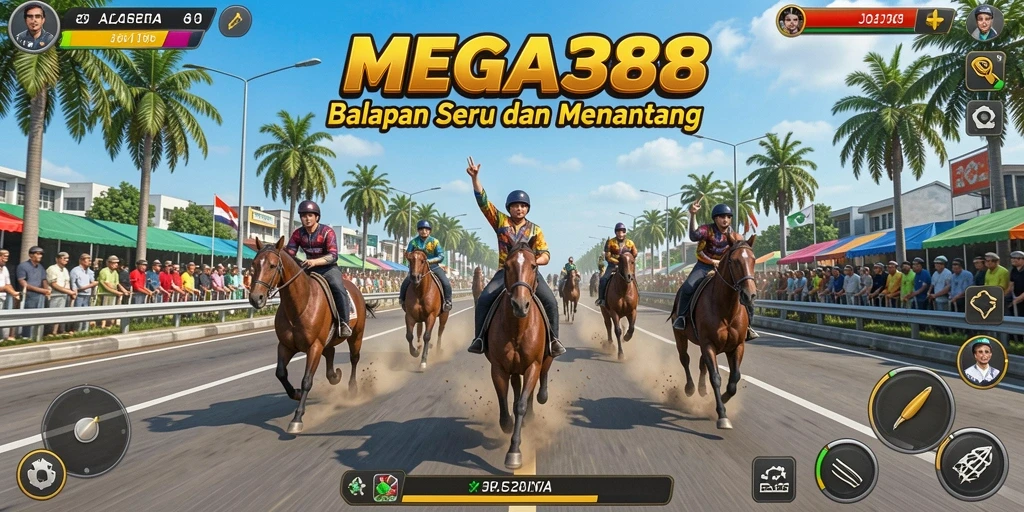 Screenshot gameplay MEGA388 menampilkan balapan seru di jalan raya.