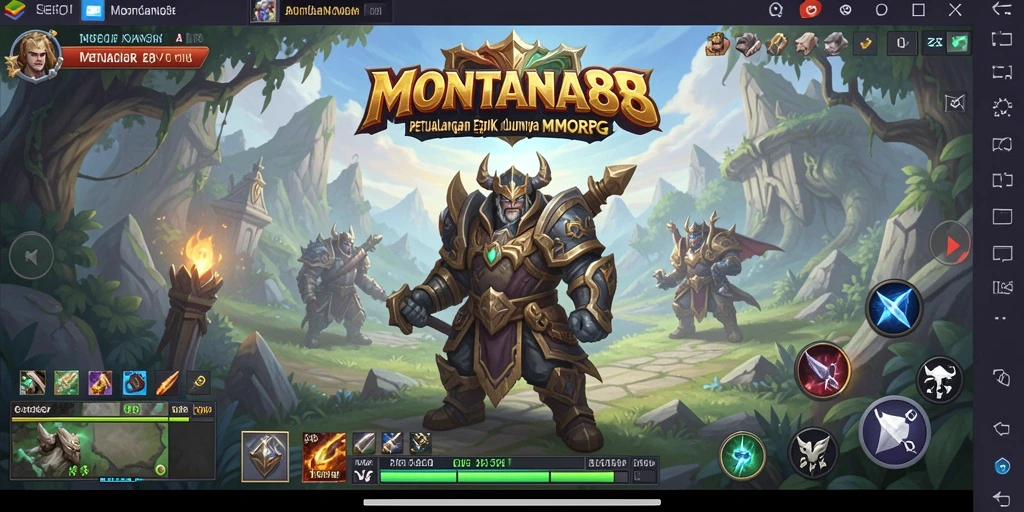 Screenshot utama MONTANA88 menampilkan pertempuran seru dan lingkungan fantasi.