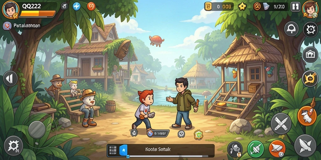 Screenshot tampilan gameplay QQ222 menunjukkan karakter dan bangunan yang menawan.