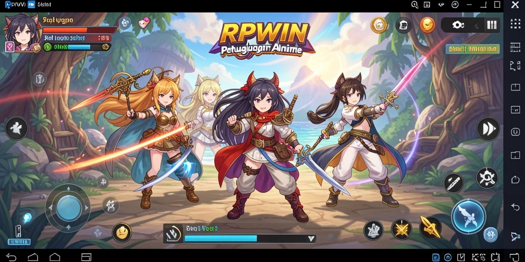 Tangkapan layar RPWIN menunjukkan pertarungan epik karakter anime di dunia fantasi.