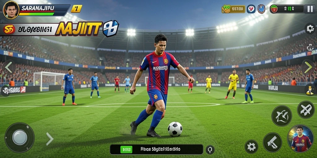 Tampilan gameplay yang realistis dalam SARANAJITU saat pertandingan sepak bola.