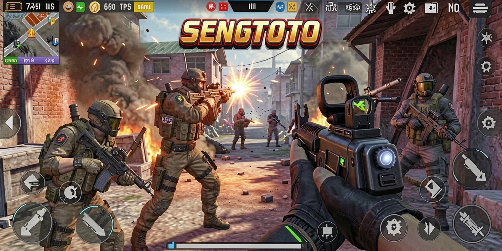 Screenshot gameplay SENGTOTO menunjukkan aksi mendebarkan dalam pertempuran TPS.